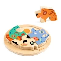Puzzle din lemn Rondo Dog Djeco 4 piese cu suport