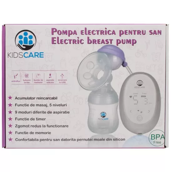 Pompa de san electrica cu acumulator, functie de masaj si 9 niveluri de aspiratie Kidscare Pompa de san electrica cu acumulator, functie de masaj si 9 niveluri de aspiratie Kidscare