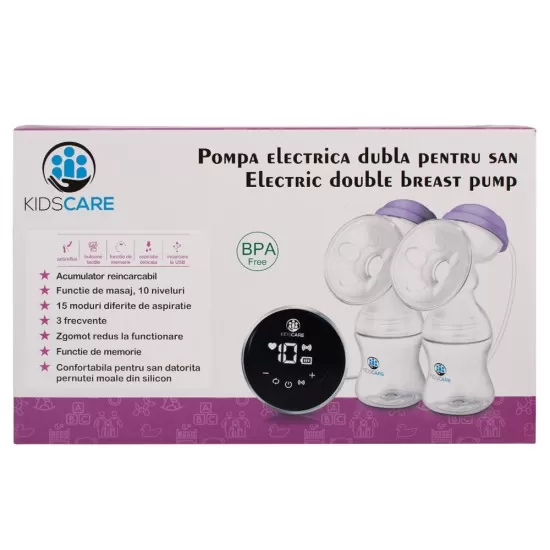 Pompa de san electrica dubla cu acumulator, cu functie de masaj si 15 niveluri de aspiratie Kidscare Pompa de san electrica dubla cu acumulator, cu functie de masaj si 15 niveluri de aspiratie Kidscare