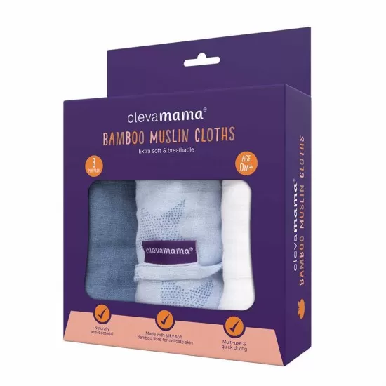 Set 3 paturici de muselina albastru Clevamama 3540 Set 3 paturici de muselina albastru Clevamama 3540