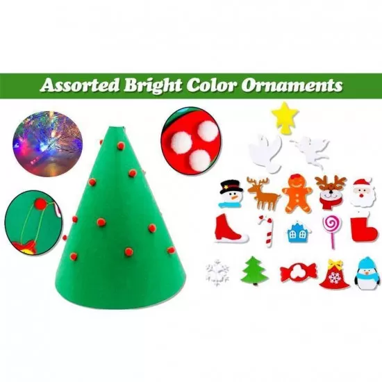 Brad de Craciun din Fetru model Conic 3D, 90x55cm cu 18 decoratiuni si banda LED inclusa Bambinice Brad de Craciun din Fetru model Conic 3D, 90x55cm cu 18 decoratiuni si banda LED inclusa Bambinice