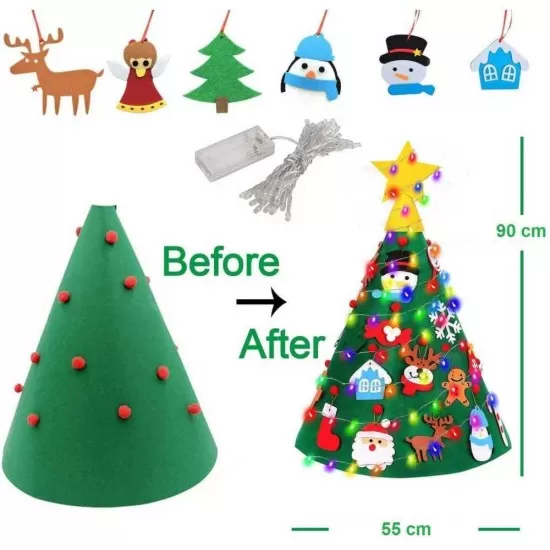 Brad de Craciun din Fetru model Conic 3D, 90x55cm cu 18 decoratiuni si banda LED inclusa Bambinice Brad de Craciun din Fetru model Conic 3D, 90x55cm cu 18 decoratiuni si banda LED inclusa Bambinice