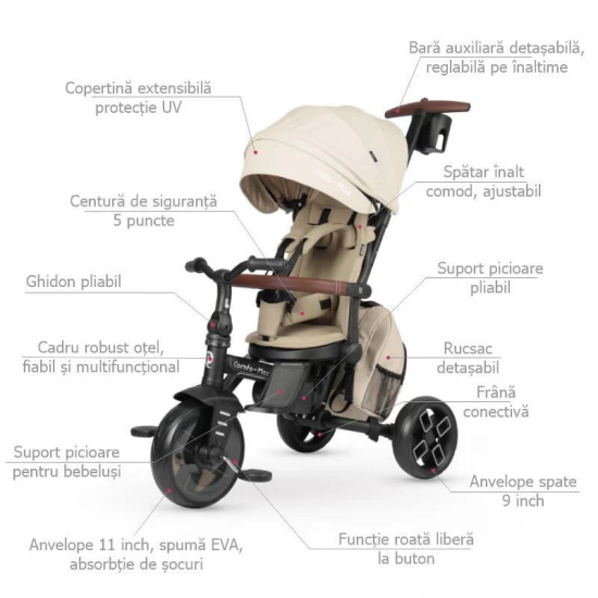 Tricicleta ultrapliabila cu scaun pivotant si copertina detasabila Qplay Comfo Max Bej