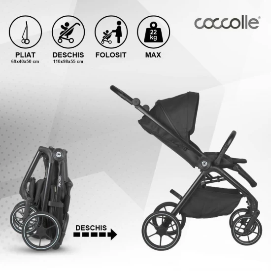Carucior modular 4 in 1 Coccolle Serry Jet black cu Scoica auto iSize Coccolle Knox Black si Baza isofix iSize Coccolle Knox