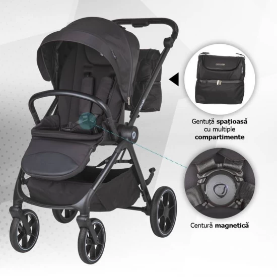 Carucior modular 4 in 1 Coccolle Serry Jet black cu Scoica auto iSize Coccolle Knox Black si Baza isofix iSize Coccolle Knox