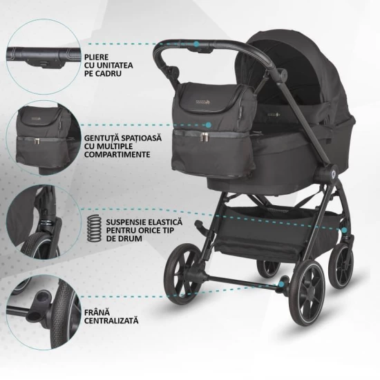 Carucior modular 4 in 1 Coccolle Serry Jet black cu Scoica auto iSize Coccolle Knox Black si Baza isofix iSize Coccolle Knox