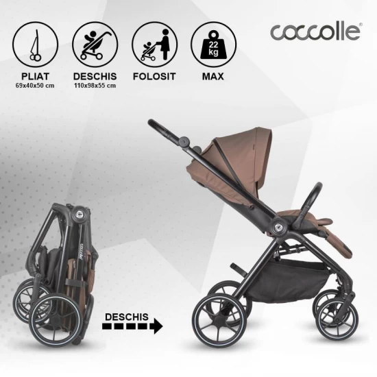 Carucior modular 4 in 1 Coccolle Serry Light Taupe cu Scoica auto iSize Coccolle Knox Black si Baza isofix iSize Coccolle Knox