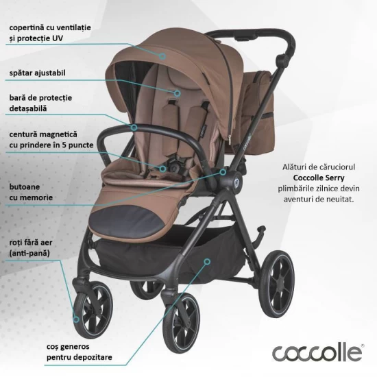 Carucior modular 4 in 1 Coccolle Serry Light Taupe cu Scoica auto iSize Coccolle Knox Black si Baza isofix iSize Coccolle Knox