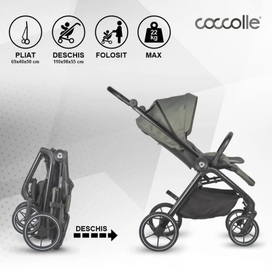 Carucior modular 4 in 1 Coccolle Serry Moss green cu Scoica auto iSize Coccolle Knox Black si Baza isofix iSize Coccolle Knox