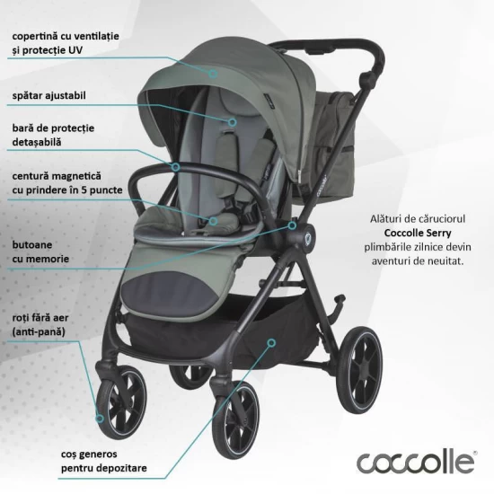 Carucior modular 4 in 1 Coccolle Serry Moss green cu Scoica auto iSize Coccolle Knox Black si Baza isofix iSize Coccolle Knox