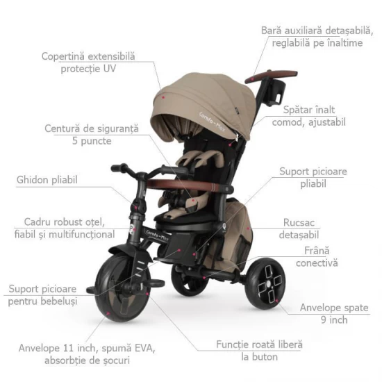 Tricicleta ultrapliabila cu scaun pivotant si copertina detasabila Qplay Comfo Max Bej inchis