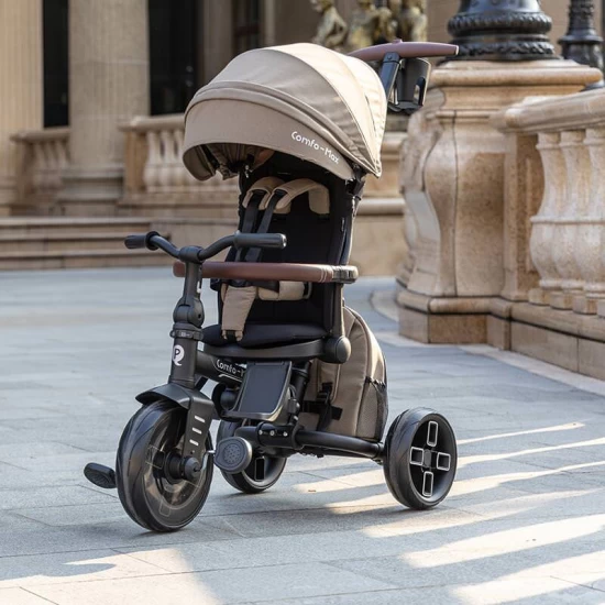 Tricicleta ultrapliabila cu scaun pivotant si copertina detasabila Qplay Comfo Max Bej inchis