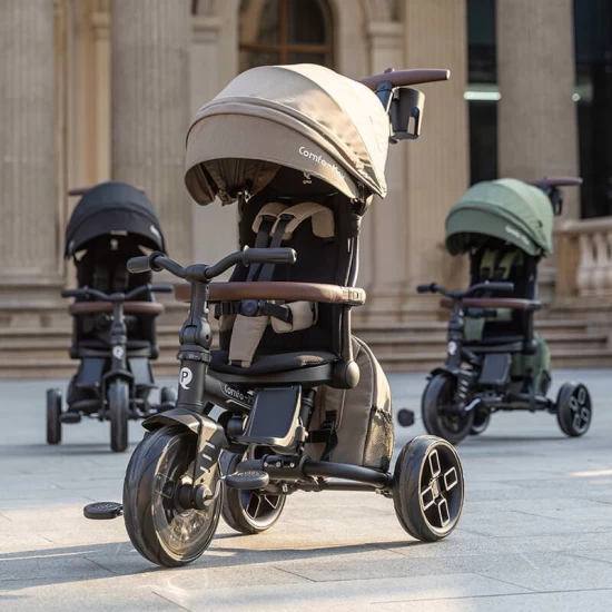 Tricicleta ultrapliabila cu scaun pivotant si copertina detasabila Qplay Comfo Max Bej inchis