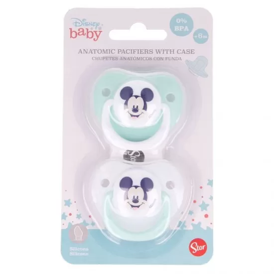 Set 2 suzete ortodontice Disney Mickey din silicon cu capac de protectie 6 luni+ Set 2 suzete ortodontice Disney Mickey din silicon cu capac de protectie 6 luni+