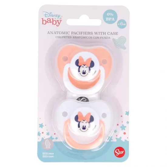 Set 2 suzete ortodontice Disney Minnie din silicon cu capac de protectie 6 luni+ Set 2 suzete ortodontice Disney Minnie din silicon cu capac de protectie 6 luni+