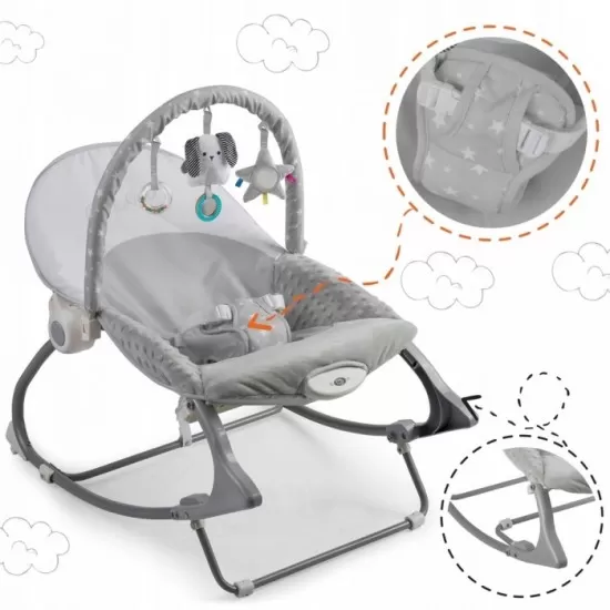 Balansoar multifunctional cu vibratii, panda, 3 jucarii, Nukido 705100, Gri Balansoar multifunctional cu vibratii, panda, 3 jucarii, Nukido 705100, Gri