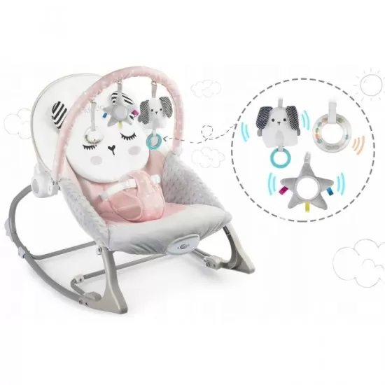 Balansoar multifunctional cu vibratii, panda, 3 jucarii, Nukido 705102, Roz Balansoar multifunctional cu vibratii, panda, 3 jucarii, Nukido 705102, Roz