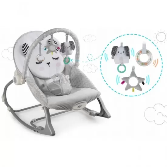 Balansoar multifunctional cu vibratii si 3 jucarii Ricokids 7323 Gri Balansoar multifunctional cu vibratii si 3 jucarii Ricokids 7323 Gri