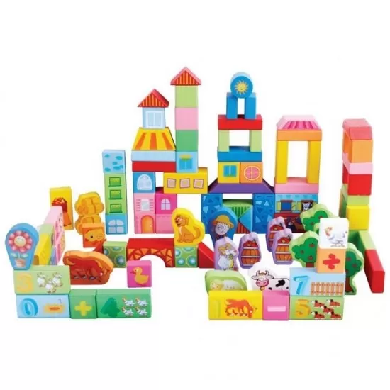 Cuburi de lemn educationale Ecotoys 100 de piese Ferma Cuburi de lemn educationale Ecotoys 100 de piese Ferma