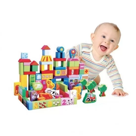 Cuburi de lemn educationale Ecotoys 100 de piese Ferma Cuburi de lemn educationale Ecotoys 100 de piese Ferma