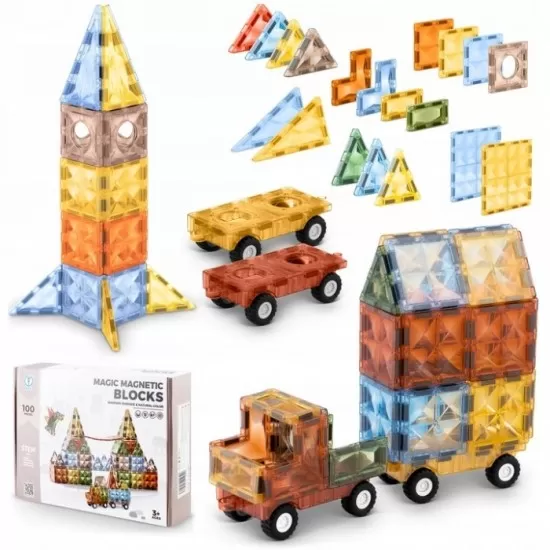 Blocuri magnetice si o masinuta, 100 elemente, Ricokids RK-766 Blocuri magnetice si o masinuta, 100 elemente, Ricokids RK-766