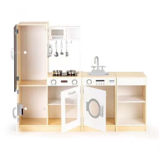 Bucatarie din lemn pentru copii cu tabla si LED Ecotoys Bucatarie din lemn pentru copii cu tabla si LED Ecotoys