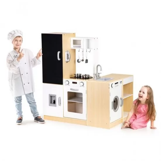 Bucatarie din lemn pentru copii cu tabla si LED Ecotoys Bucatarie din lemn pentru copii cu tabla si LED Ecotoys