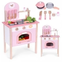Bucatarie din lemn pentru copii cu accesorii, 48 x 26 x 76.5 cm, Ecotoys, roz