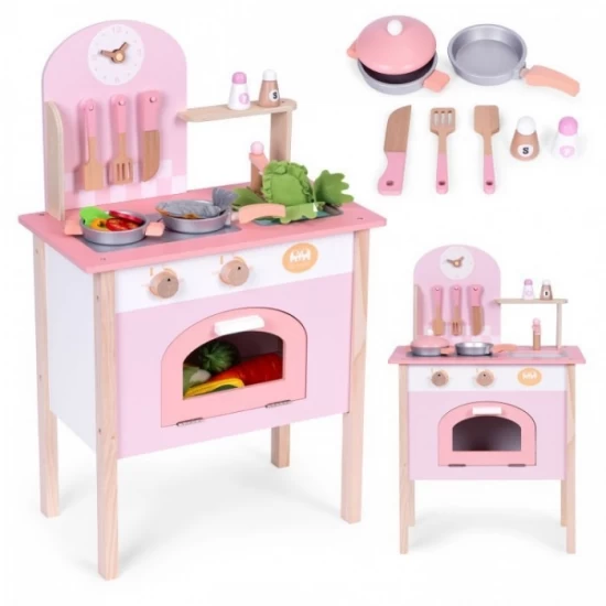 Bucatarie din lemn pentru copii cu accesorii, 48 x 26 x 76.5 cm, Ecotoys, roz Bucatarie din lemn pentru copii cu accesorii, 48 x 26 x 76.5 cm, Ecotoys, roz