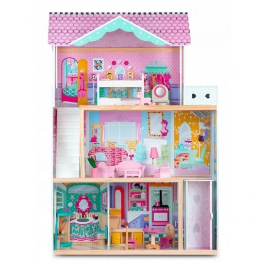Casuta de papusi din lemn cu 3 etaje, lift si lampa LED Ricokids Casuta de papusi din lemn cu 3 etaje, lift si lampa LED Ricokids