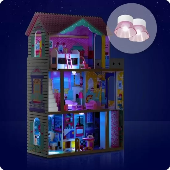 Casuta de papusi din lemn cu 3 etaje, lift si lampa LED Ricokids Casuta de papusi din lemn cu 3 etaje, lift si lampa LED Ricokids
