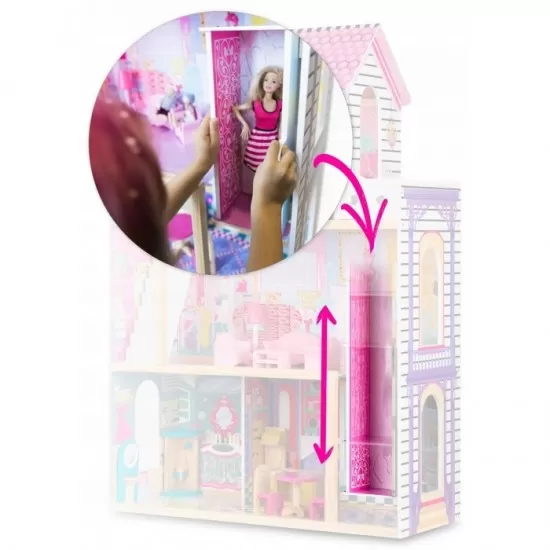 Casuta de papusi din lemn cu 3 etaje, lift si lampa LED Ricokids Casuta de papusi din lemn cu 3 etaje, lift si lampa LED Ricokids
