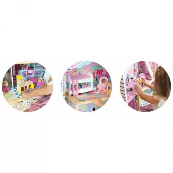Casuta de papusi din lemn cu 3 etaje, lift si lampa LED Ricokids Casuta de papusi din lemn cu 3 etaje, lift si lampa LED Ricokids