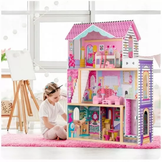 Casuta de papusi din lemn cu 3 etaje, lift si lampa LED Ricokids Casuta de papusi din lemn cu 3 etaje, lift si lampa LED Ricokids