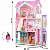 Casuta de papusi din lemn cu 3 etaje, lift si lampa LED Ricokids