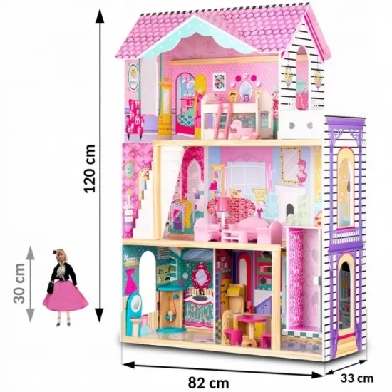 Casuta de papusi din lemn cu 3 etaje, lift si lampa LED Ricokids Casuta de papusi din lemn cu 3 etaje, lift si lampa LED Ricokids