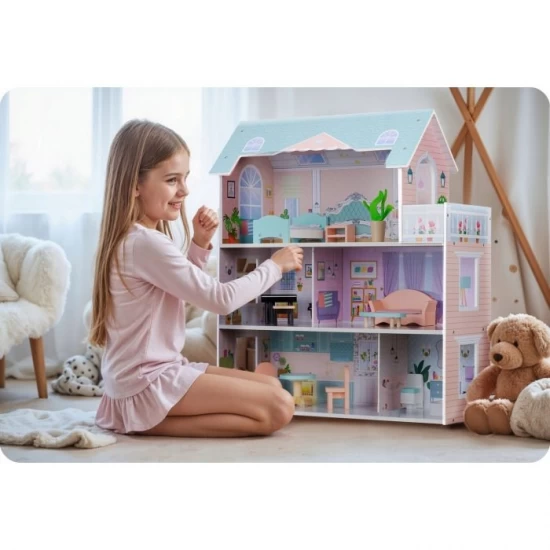 Casuta de papusi din lemn cu 3 etaje, mobilier inclus, 60 x 24 x 70 cm, Ricokids RK-878 - Roz Casuta de papusi din lemn cu 3 etaje, mobilier inclus, 60 x 24 x 70 cm, Ricokids RK-878 - Roz