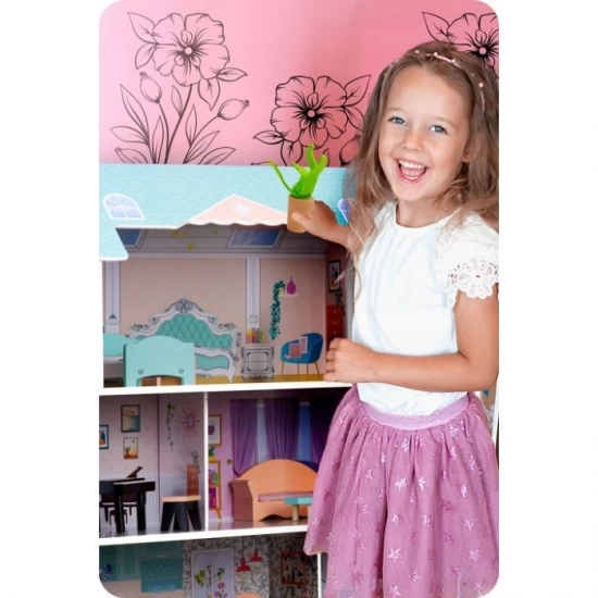 Casuta de papusi din lemn cu 3 etaje, mobilier inclus, 60 x 24 x 70 cm, Ricokids RK-878 - Roz Casuta de papusi din lemn cu 3 etaje, mobilier inclus, 60 x 24 x 70 cm, Ricokids RK-878 - Roz