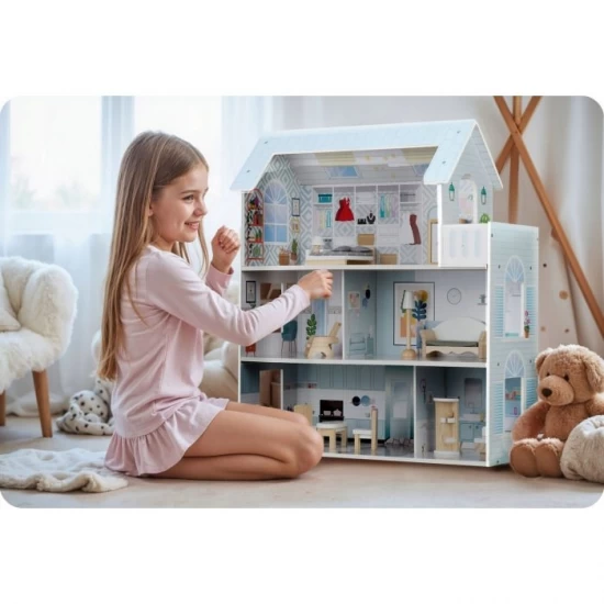 Casuta de papusi din lemn cu 3 etaje, mobilier inclus, 60 x 24 x 70 cm, Ricokids RK-878 - Albastru deschis Casuta de papusi din lemn cu 3 etaje, mobilier inclus, 60 x 24 x 70 cm, Ricokids RK-878 - Albastru deschis