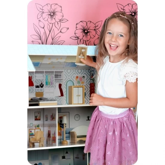 Casuta de papusi din lemn cu 3 etaje, mobilier inclus, 60 x 24 x 70 cm, Ricokids RK-878 - Albastru deschis Casuta de papusi din lemn cu 3 etaje, mobilier inclus, 60 x 24 x 70 cm, Ricokids RK-878 - Albastru deschis