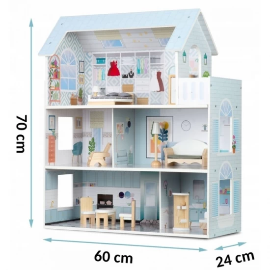 Casuta de papusi din lemn cu 3 etaje, mobilier inclus, 60 x 24 x 70 cm, Ricokids RK-878 - Albastru deschis Casuta de papusi din lemn cu 3 etaje, mobilier inclus, 60 x 24 x 70 cm, Ricokids RK-878 - Albastru deschis