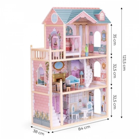 Casuta de papusi din lemn cu 3 etaje si mobilier Ecotoys