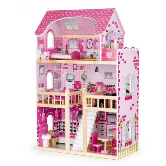 Casuta de papusi din lemn cu iluminare LED si mobilier Ecotoys HM006391
