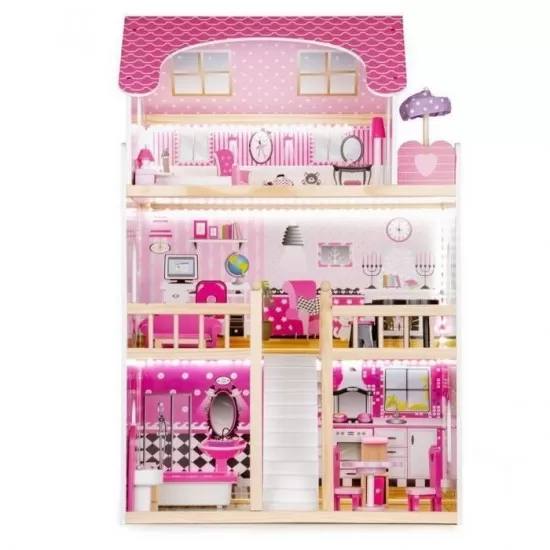 Casuta de papusi din lemn cu iluminare LED si mobilier Ecotoys HM006391