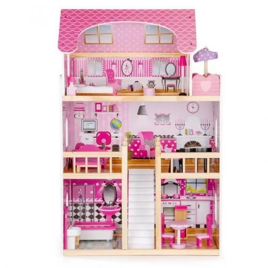 Casuta de papusi din lemn cu iluminare LED si mobilier Ecotoys HM006391