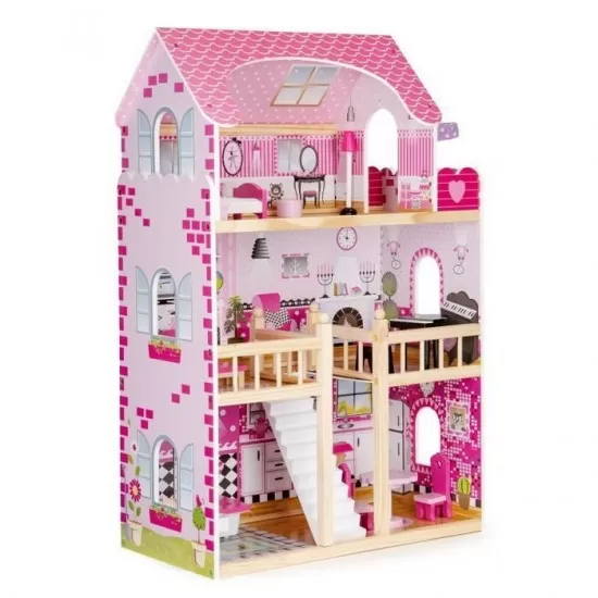 Casuta de papusi din lemn cu iluminare LED si mobilier Ecotoys HM006391
