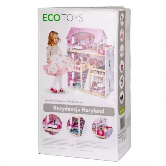 Casuta de papusi din lemn cu iluminare LED si mobilier Ecotoys HM006391
