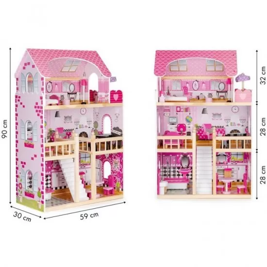 Casuta de papusi din lemn cu iluminare LED si mobilier Ecotoys HM006391