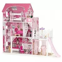 Casuta de papusi din lemn XXL cu lift si tobogan Ecotoys TL49059