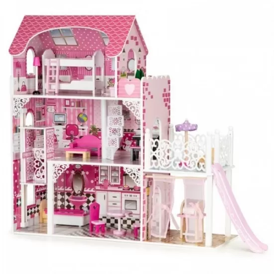 Casuta de papusi din lemn XXL cu lift si tobogan Ecotoys TL49059 Casuta de papusi din lemn XXL cu lift si tobogan Ecotoys TL49059